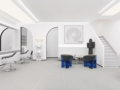 Modern Beauty Hair Salon Interior With White Walls Mirrors Chairs Blue Seating And Staircase 3d model