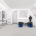 Modern Beauty Hair Salon Interior With White Walls Mirrors Chairs Blue Seating And Staircase