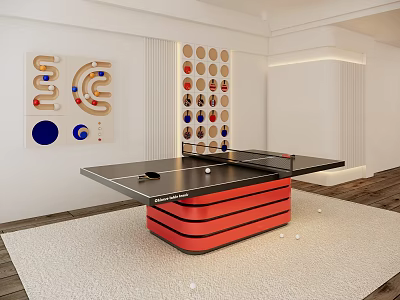 Modern Ping Pong Table With Black Top Red Base And Round Wall Accessories 3d model