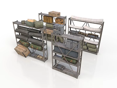 Multiple Industrial Storage Shelves Stocked With Wooden Crates And Fabric Packages 3d model