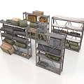Multiple Industrial Storage Shelves Stocked With Wooden Crates And Fabric Packages