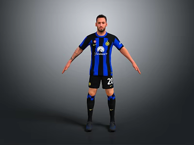 Man Football Player In Blue Black Striped Jersey Number 23 Standing With Arms Outstretched 3d model