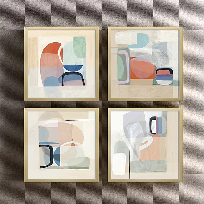 Abstract Paintings Set Of Four Framed Artworks With Soft Colors And Geometric Shapes 3d model