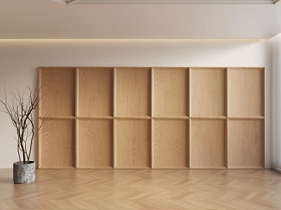 Room Interior With Wooden Wall Panels Square Design Herringbone Floor And Gray Planter Bare Branches 3d model