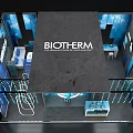 BIOTHERM Store Display Featuring Blue Background Large Bottle And Product Shelves
