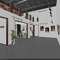 Art Gallery Interior With White Walls Wooden Accents Hanging Artworks And Potted Plants