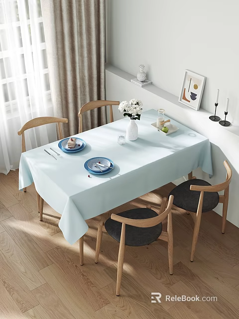 Bright Sunlit Minimalist Dining Room With Natural Wood Chairs And Soft Light Blue Tablecloth 3d model 