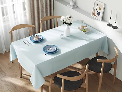 Bright Sunlit Minimalist Dining Room With Natural Wood Chairs And Soft Light Blue Tablecloth 3d model