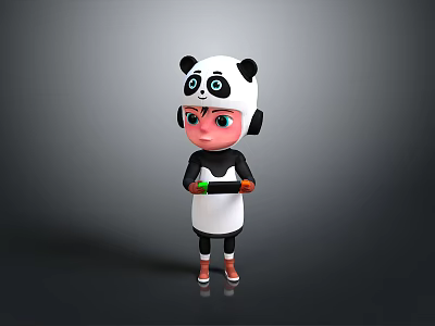 Cute Game Movie Character in Panda Costume with Big Eyes and Black White Outfit 3d model
