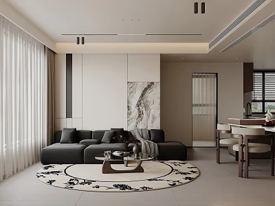 Modern Living And Dining Room With Black Sofa Round Rug Coffee Table And Decorative Painting 3d model