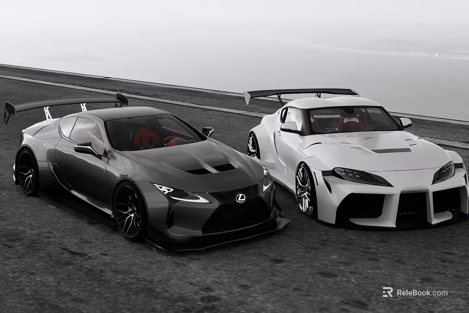 Gray And White High Performance Sports Cars With Sporty Design And Rear Spoilers On Road 3d model 