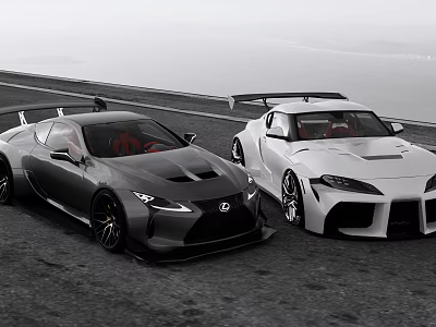 Gray And White High Performance Sports Cars With Sporty Design And Rear Spoilers On Road 3d model
