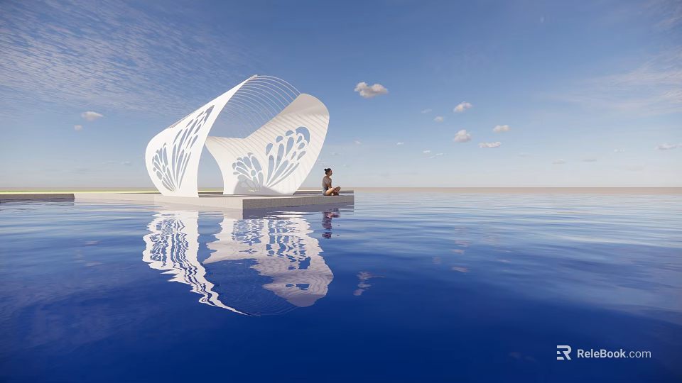 Stunning White Curved Structure With Person Sitting By Calm Water And Blue Sky Reflection 3d model 