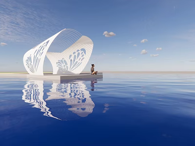 Stunning White Curved Structure With Person Sitting By Calm Water And Blue Sky Reflection 3d model