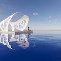 Stunning White Curved Structure With Person Sitting By Calm Water And Blue Sky Reflection