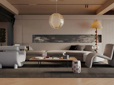 Modern Living Room With Sofa Coffee Table Pendant Light Floor Lamp Rug And Wall Art 3d model