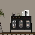 Elegant Black Sideboard With Glass Doors Decorative Vases Picture Frames Green Plant And Stone Decor