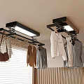 Ceiling Mounted Clothes Rack with LED Light Hanging Clothes Jackets and Handbag in Modern Room