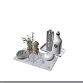 Decorative Ornament Collection With Rosemary Glass Vase Wooden Grinders Olive Oil Bottle And Marble Tray