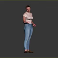 Woman Gesturing In Grey Background Wearing White Printed T Shirt And Blue Jeans