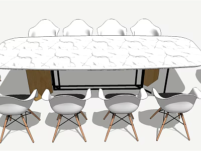 Modern Conference Table With Patterned Marble Top And Metal Leg Chairs 3d model