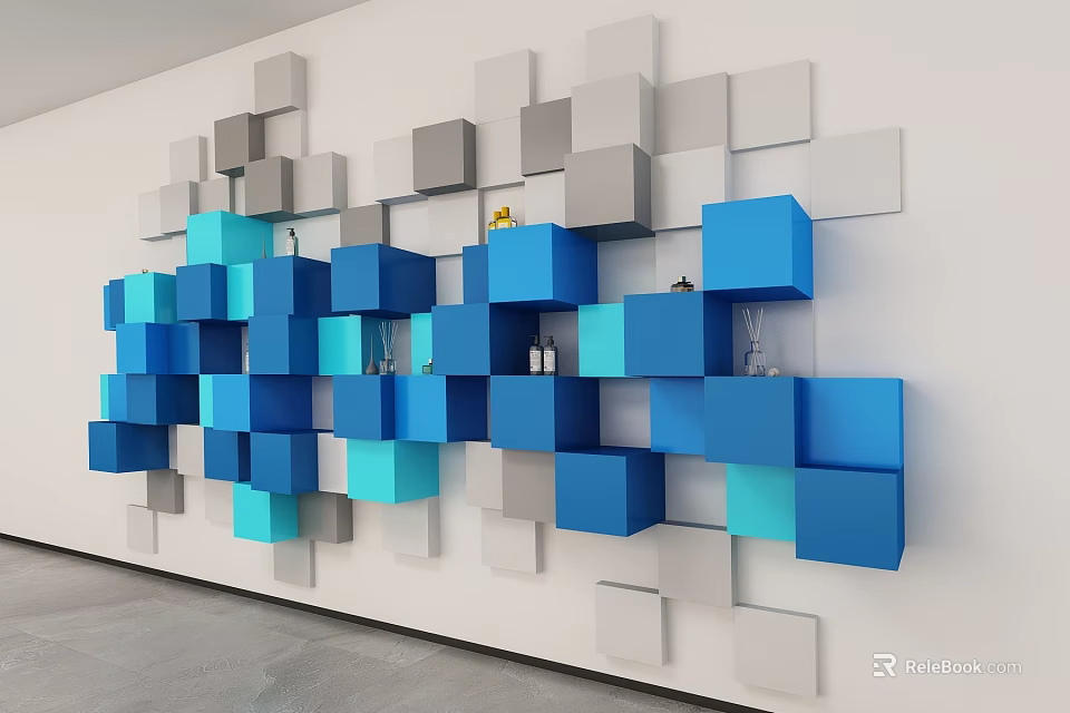 Modern 3D Wall Decor With Blue And Gray Cubes For Interior Design 3d model 