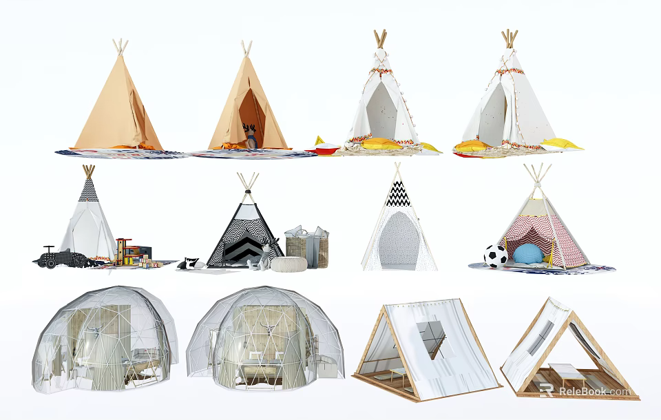 Stylish Various Tent Styles Including Tipi Dome And Triangle Designs For Outdoor Use 3d model 
