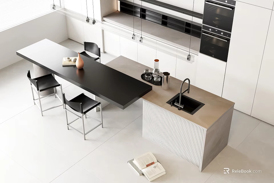 Modern Open Concept Kitchen Bar Counter With Sink Stools And White Cabinets 3d model 