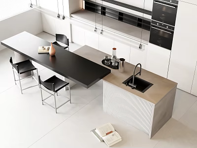 Modern Open Concept Kitchen Bar Counter With Sink Stools And White Cabinets 3d model