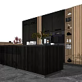 Modern Kitchen Interior With Black Cabinets Wooden Island And Open Shelves