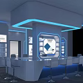 Hi Tech Modern Exhibition Hall Interior With Blue LED Lighting Display Cabinets And Seating