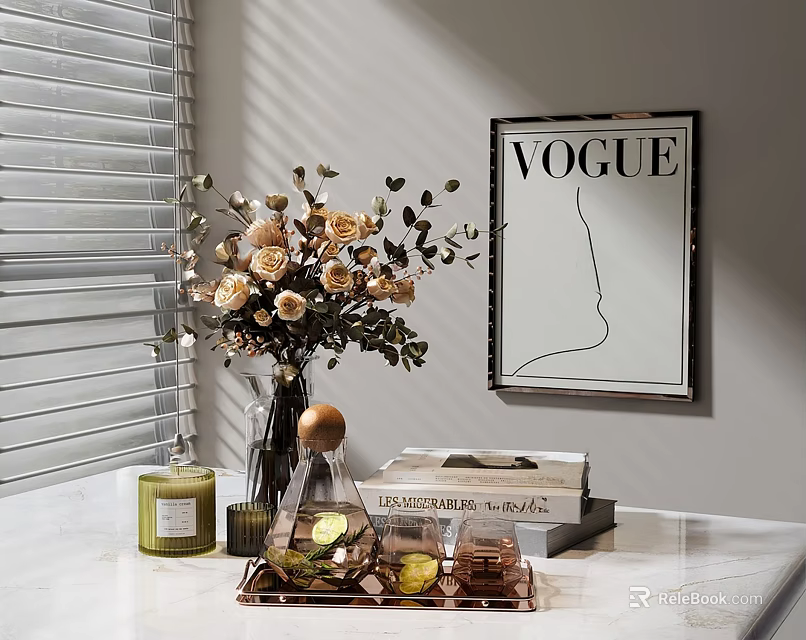 Elegant Modern Decorative Ornament Set Featuring Floral Bouquet Vase Vogue Poster Tray Scented Candle Books 3d model 