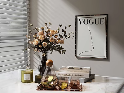 Elegant Modern Decorative Ornament Set Featuring Floral Bouquet Vase Vogue Poster Tray Scented Candle Books 3d model