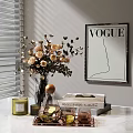 Elegant Modern Decorative Ornament Set Featuring Floral Bouquet Vase Vogue Poster Tray Scented Candle Books