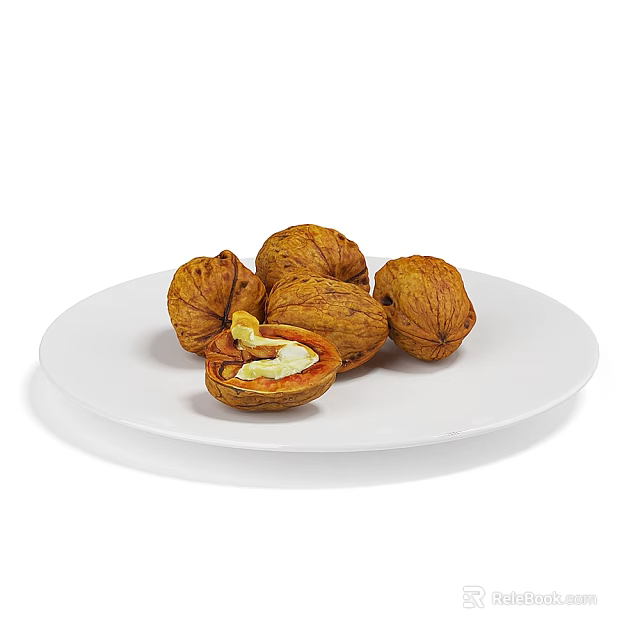 Walnuts On White Plate With Cracked One Showing Kernel Inside Fresh And Nutritious 3d model