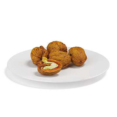 Walnuts On White Plate With Cracked One Showing Kernel Inside Fresh And Nutritious 3d model