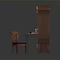 Home Interior Wooden Desk Chair Purple Cushion And Decorative Bookshelf With Books