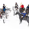 Multiple People Mounted on Horses in Historical Military Uniforms Posed Dynamically 3d model