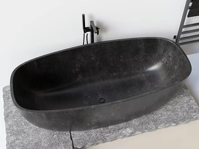 Modern Black Oval Stone Bathtub on Gray Stone Platform with Black Faucet 3d model