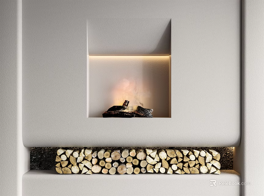 Modern Fireplace Interior Design With Warm Flames And Stacked Firewood Below 3d model