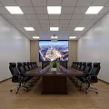 Modern Conference Room With Long Wooden Table Black Leather Chairs White Walls And Large Cityscape Screen