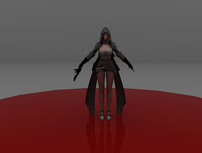 Female Game Character In Hooded Leather Coat Long Boots Black Gloves Standing On Red Platform 3d model