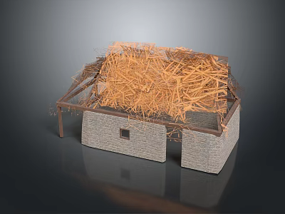 Traditional Thatched House Structure With Stone Walls Thatch Roof And Wooden Frame 3d model