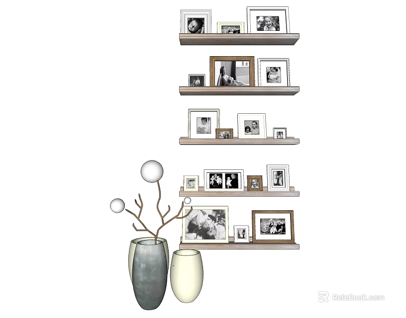 Various Decorative Photo Frames Arranged On Wall Shelves With Vases And Branch Decor 3d model 