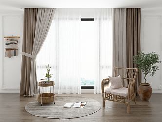 Quiet Curtain Fabric Curtain Rattan Table and Chair 3d model