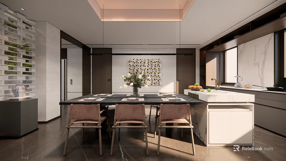 Modern Restaurant Interior With Dining Table Chairs Artwork Flowers And Pendant Lighting 3d model