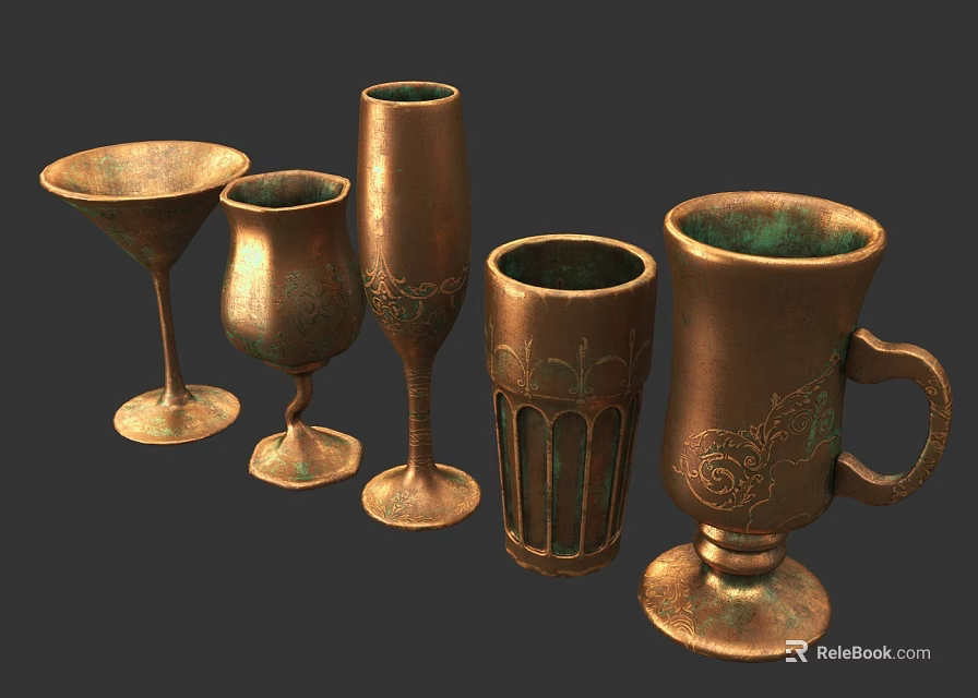 Vintage Copper Cups With Carved Patterns And Multiple Design Styles 3d model