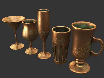 Vintage Copper Cups With Carved Patterns And Multiple Design Styles 3d model