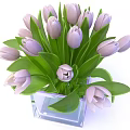 Purple Tulips Arrangement in Transparent Square Vase with Fresh Green Leaves