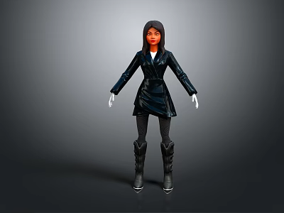 3D Game and Movie Character with Black Leather Jacket Long Hair and White Gloves 3d model